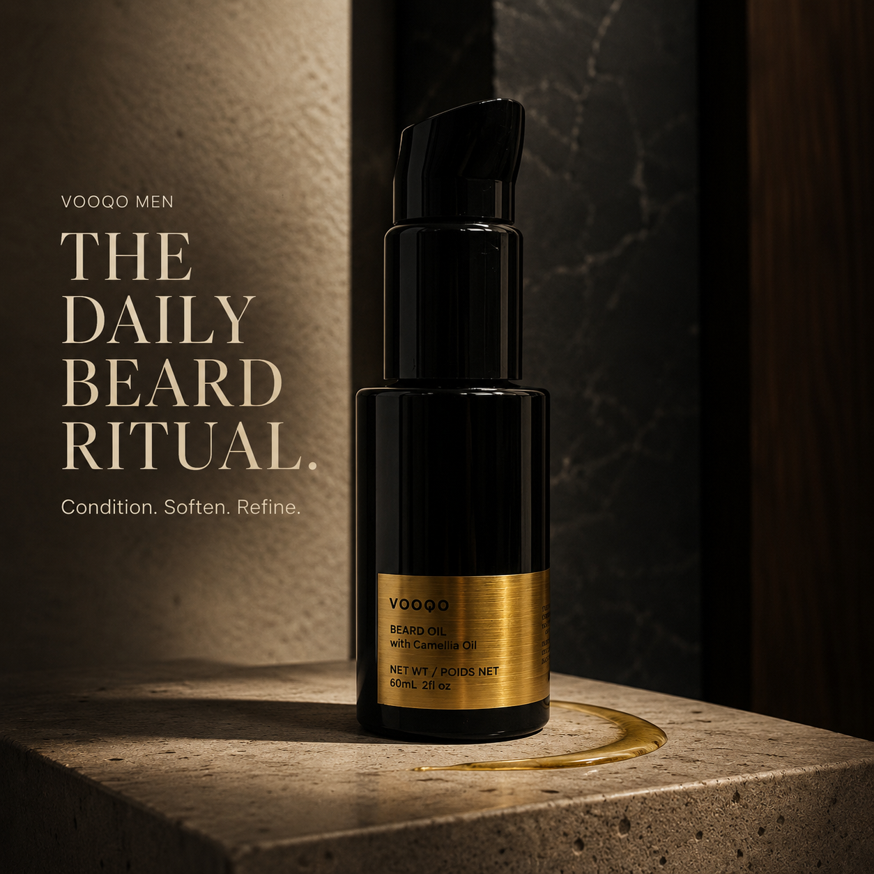 Vooqo Beard Oil with Camellia Oil presented as a luxurious daily beard ritual