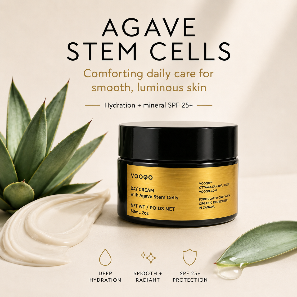 Hero image of Vooqo Day Cream with Agave Stem Cells in black and gold packaging on a soft beige background.