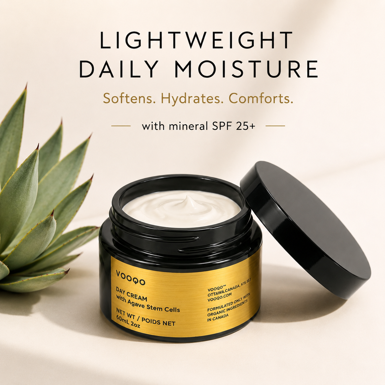 Vooqo Day Cream with Agave Stem Cells styled in a luxury still-life scene with a soft neutral background.