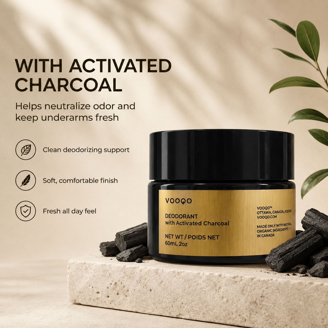 Vooqo Deodorant with Activated Charcoal ingredient benefit image showing charcoal pieces and deodorant jar with text about helping neutralize odor and keep underarms fresh.