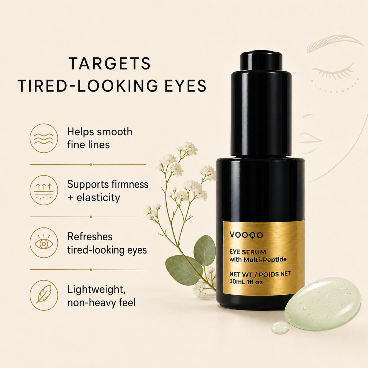 Luxury skincare image of VOOQO Eye Serum with Multi-Peptide designed to smooth, refresh, and hydrate the delicate eye area.