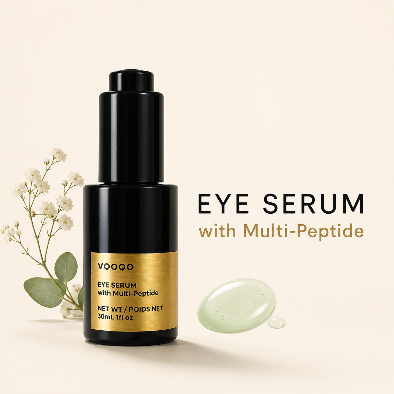 VOOQO Eye Serum with Multi-Peptide in a black bottle with gold label on a soft neutral background.