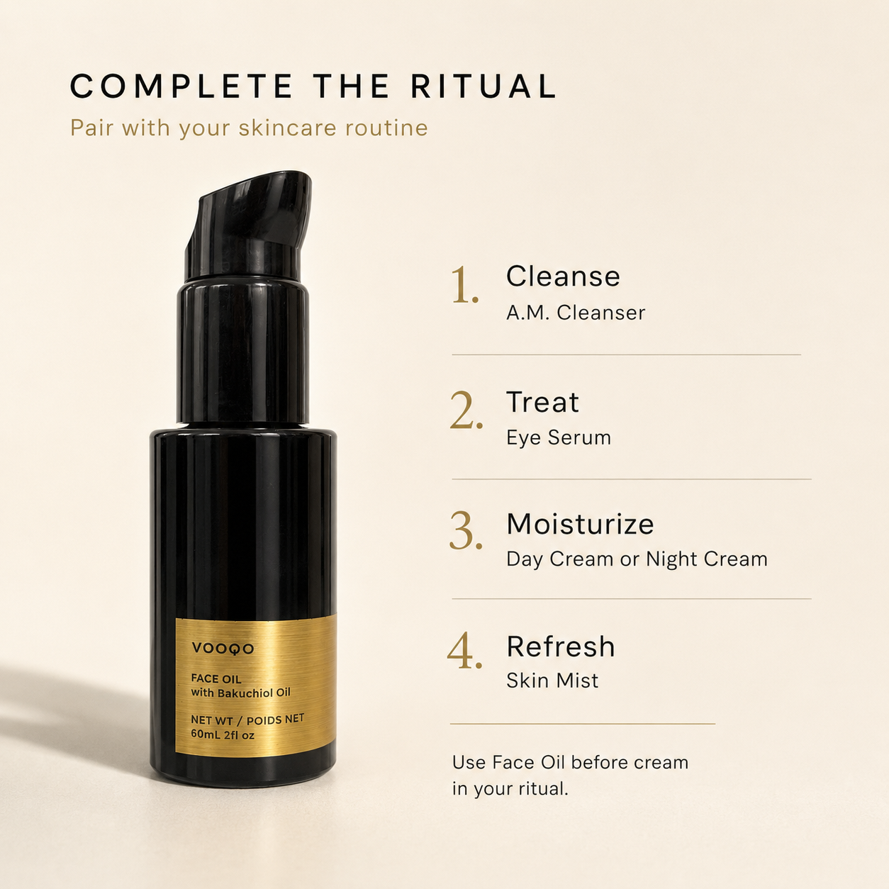 Complete the ritual image for Vooqo Face Oil with Bakuchiol Oil showing a simple skincare routine with cleanser, serum, cream, and skin mist.