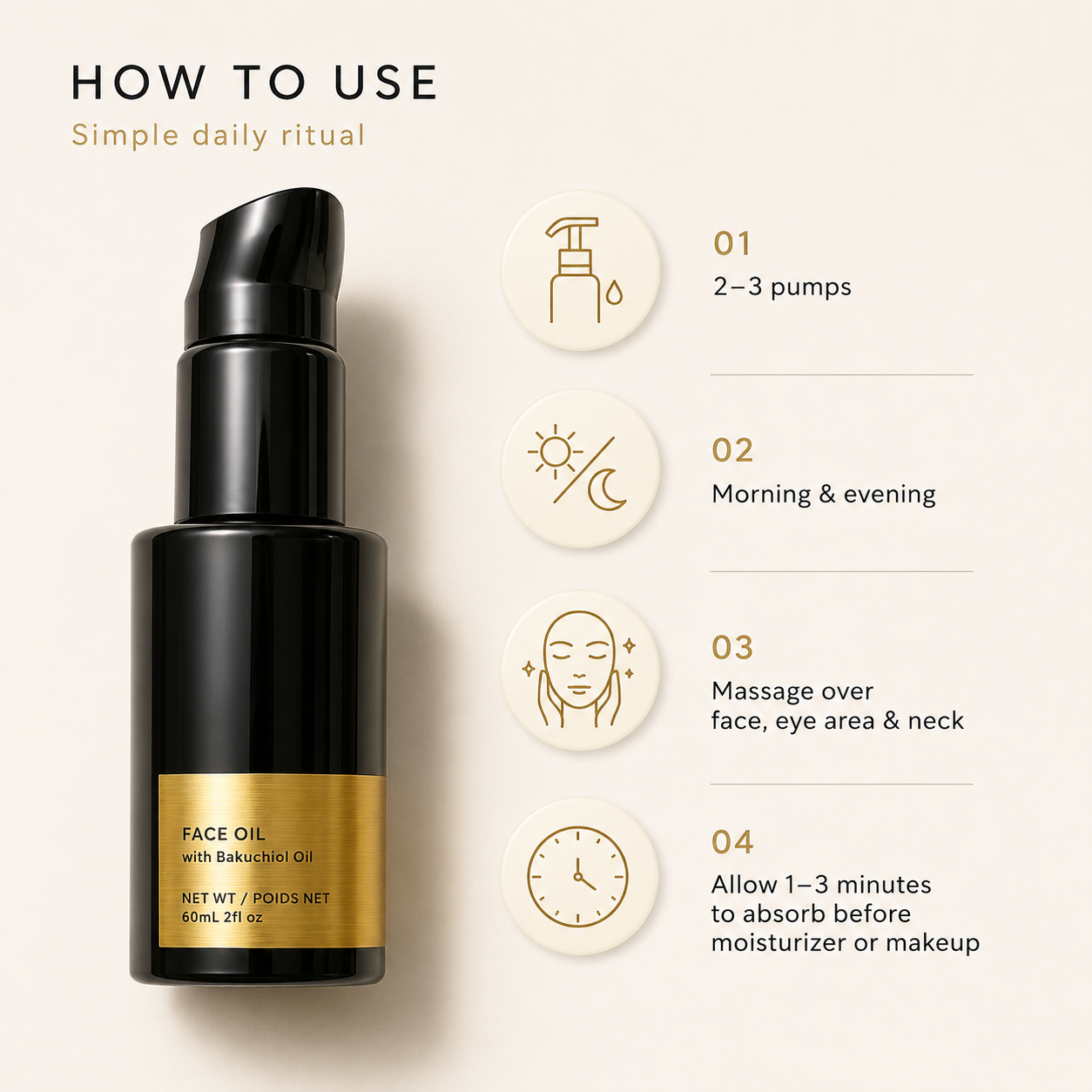 How to use Vooqo Face Oil with Bakuchiol Oil, showing two to three pumps applied morning and evening before moisturizer or makeup.