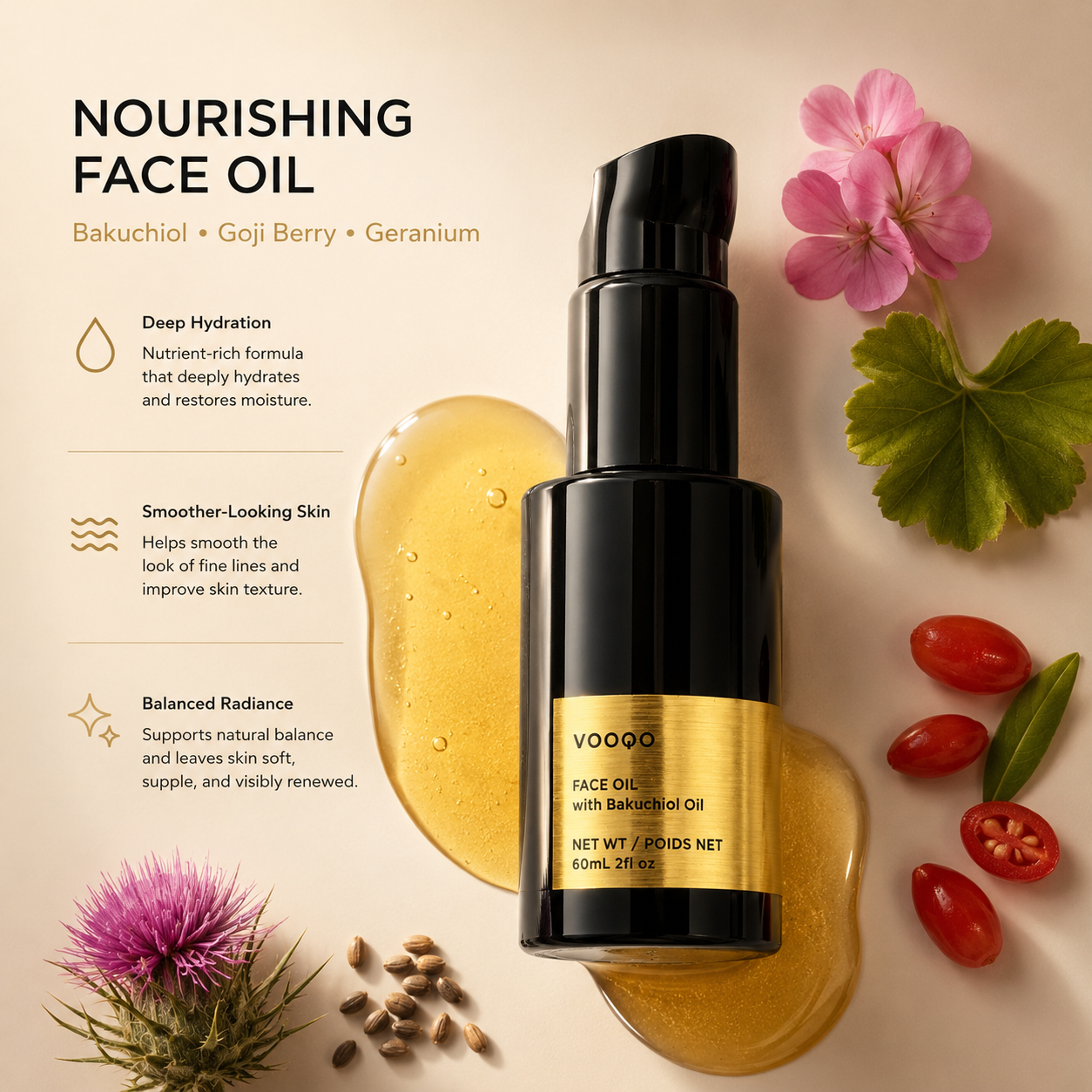 Vooqo Face Oil with Bakuchiol Oil shown with golden oil texture and botanical ingredients for deep hydration and radiance.