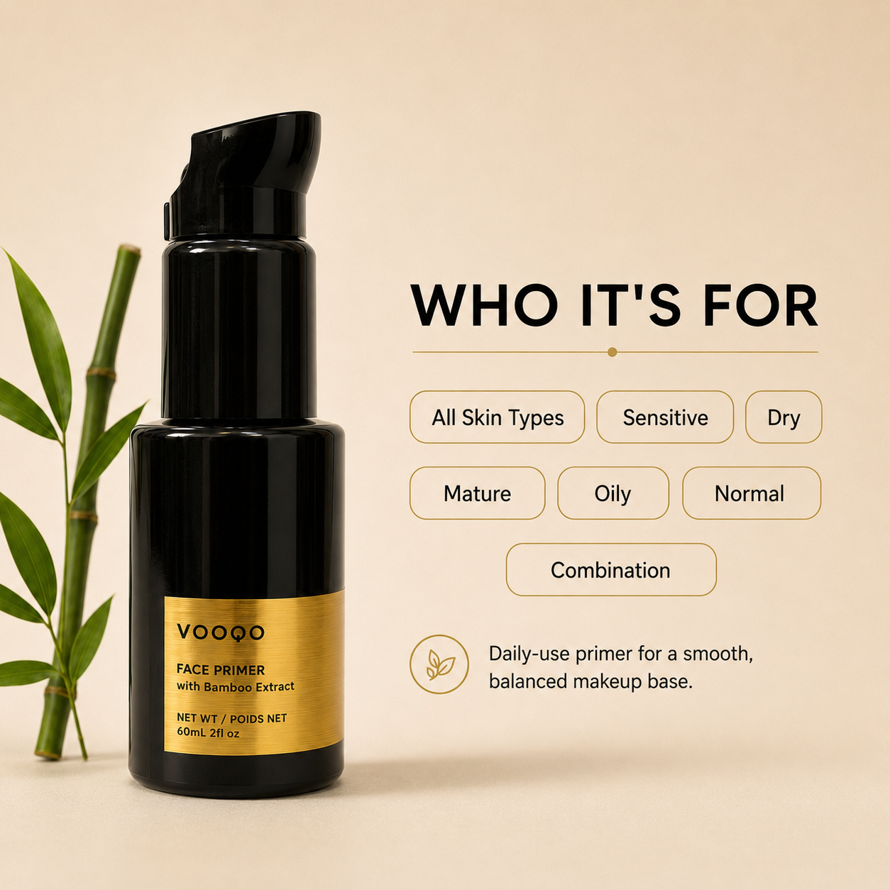 Vooqo Face Primer all skin types guide for sensitive, dry, mature, oily, normal, and combination skin