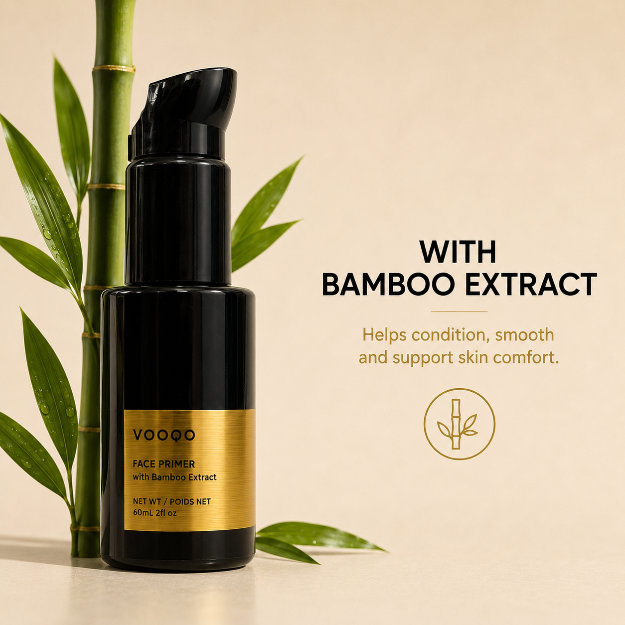 Vooqo Face Primer with Bamboo Extract ingredient benefit image showing bamboo with black and gold primer bottle.
