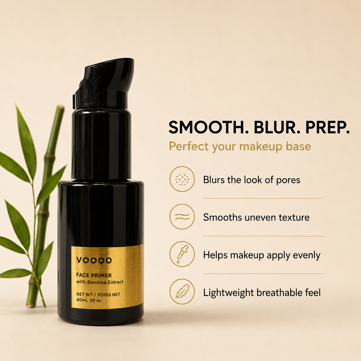 Vooqo Face Primer benefits image showing Smooth Blur Prep claims for pores, texture, makeup application, and lightweight breathable feel.