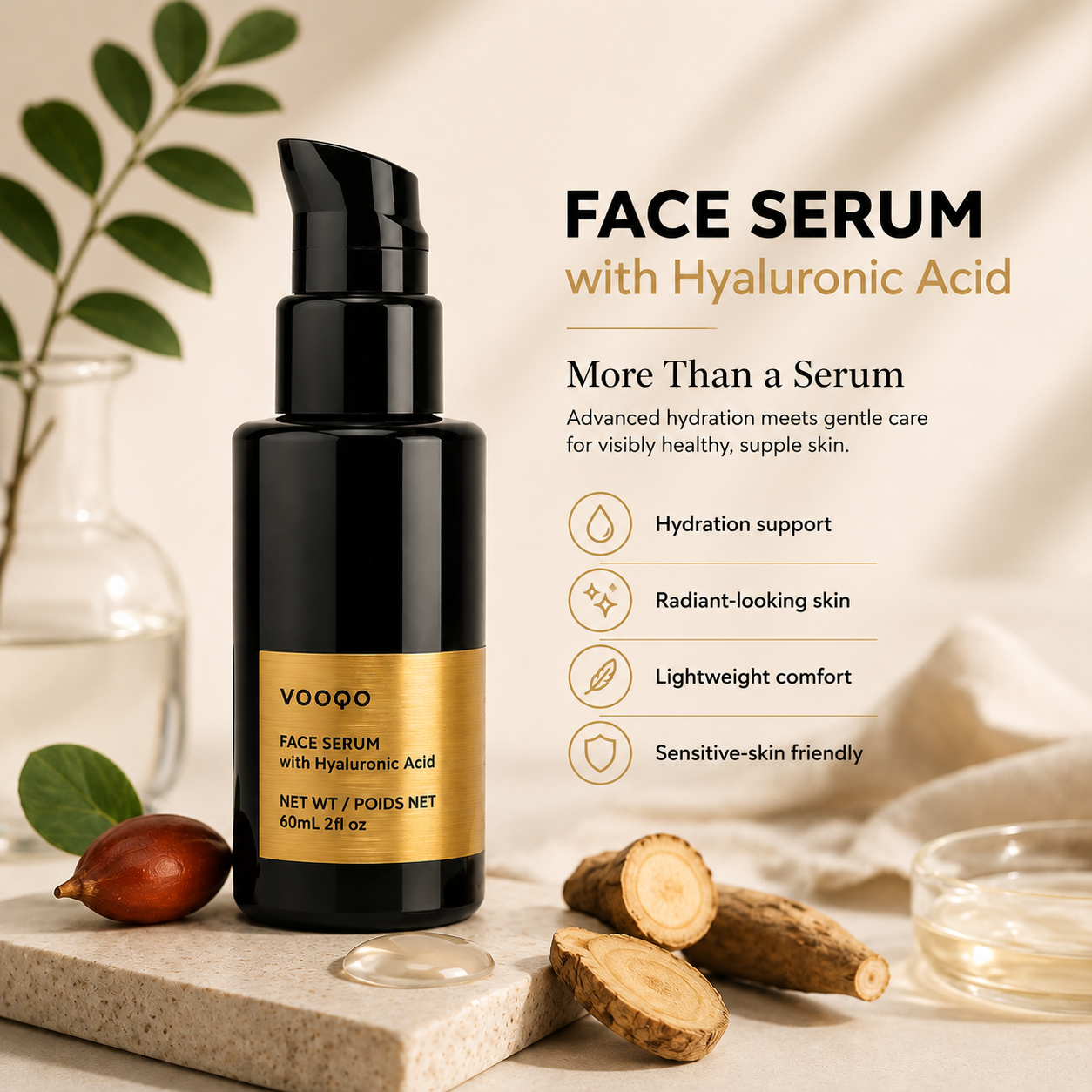 Vooqo Face Serum with Hyaluronic Acid benefits image showing hydration support, radiant-looking skin, lightweight comfort, and sensitive-skin friendly care.