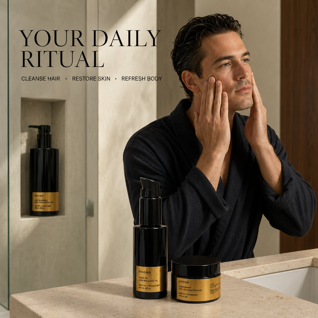 Gentleman using Vooqo Face Oil after showering with Hair Shampoo and Deodorant completing his daily ritual