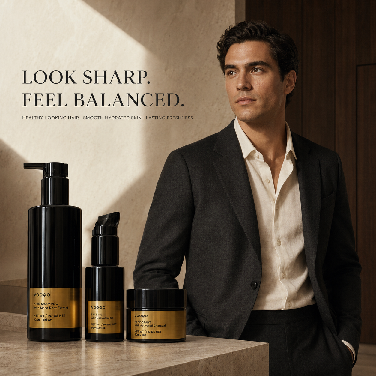 The Gentleman’s Ritual with VOOQO shampoo, face oil, and deodorant beside a refined, well-groomed man in a luxury interior.