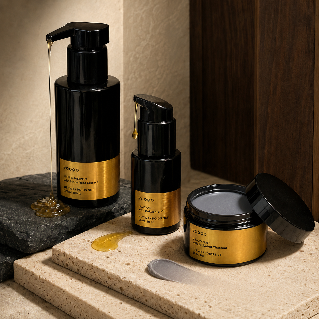 Vooqo Gentleman’s Ritual showing shampoo gel, golden face oil and activated charcoal deodorant textures