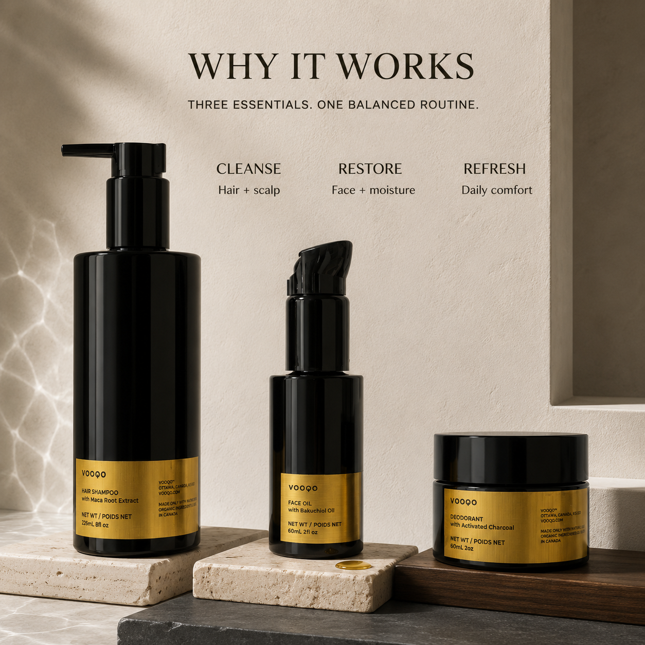 The Vooqo Gentleman’s Ritual with shampoo to cleanse, face oil to restore moisture and deodorant for daily freshness