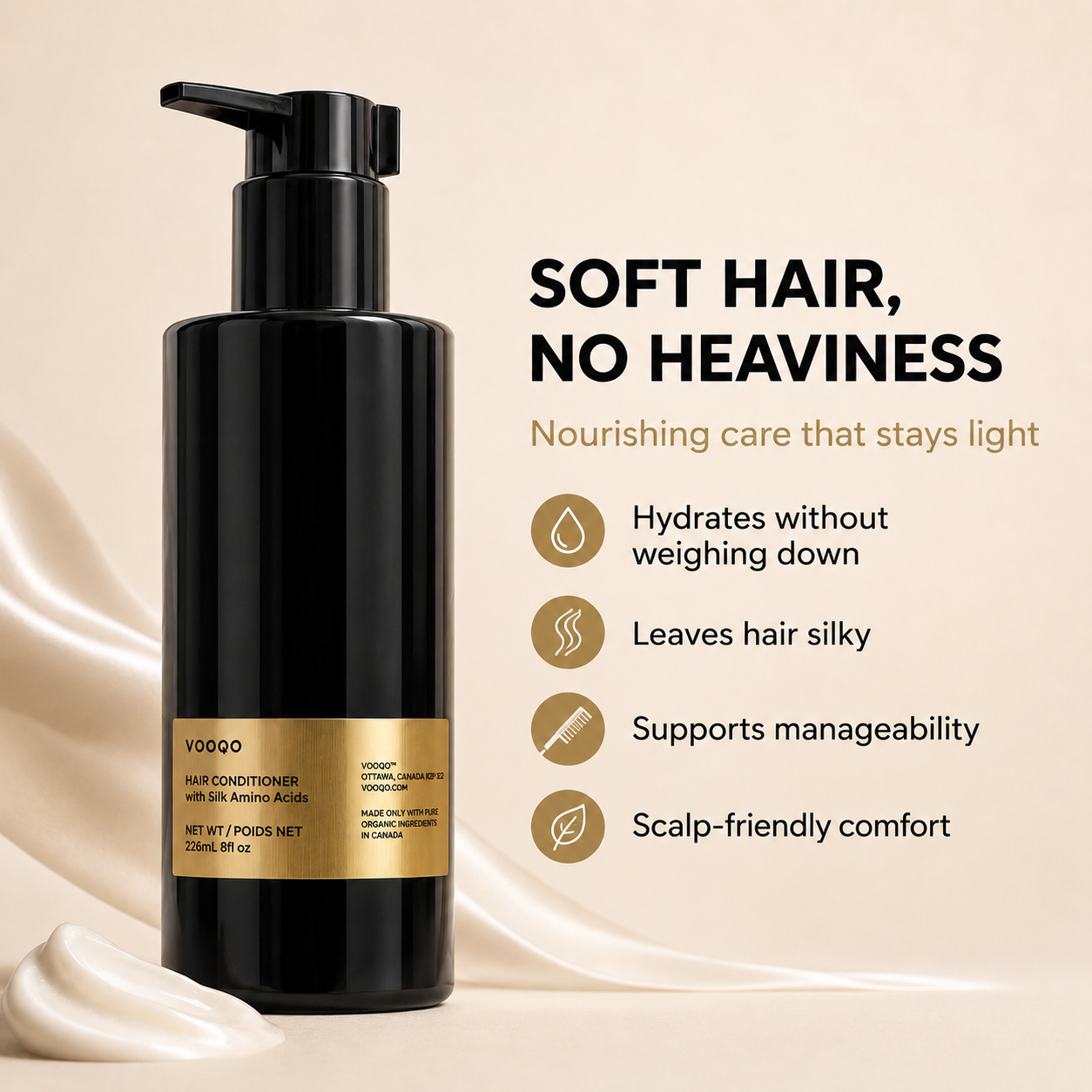 Vooqo Hair Conditioner objection-handling image showing soft hair with no heaviness, lightweight hydration, silky feel, manageability, and scalp-friendly comfort.