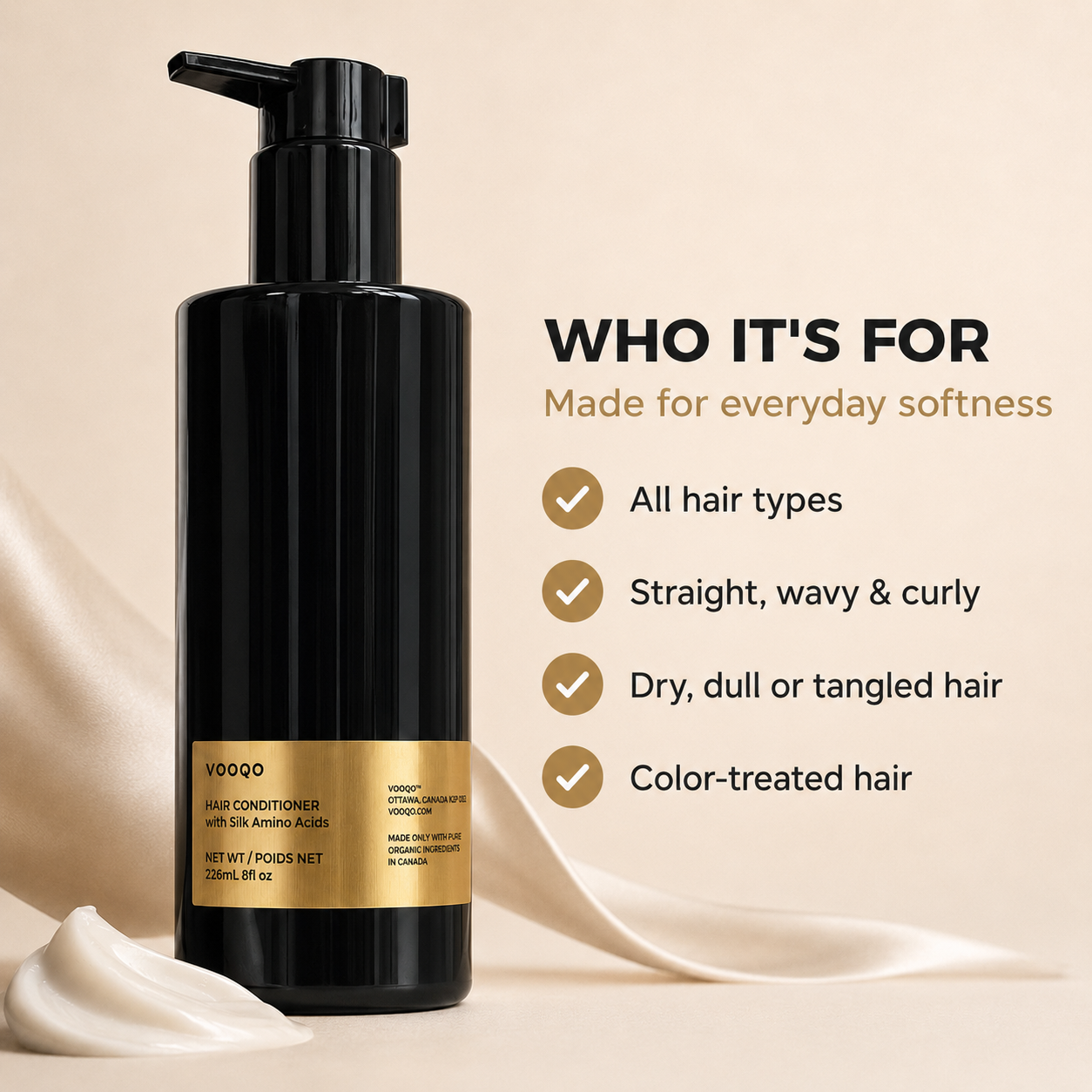 Vooqo Hair Conditioner who it is for image showing suitability for all hair types, straight wavy and curly hair, dry dull or tangled hair, and color-treated hair.