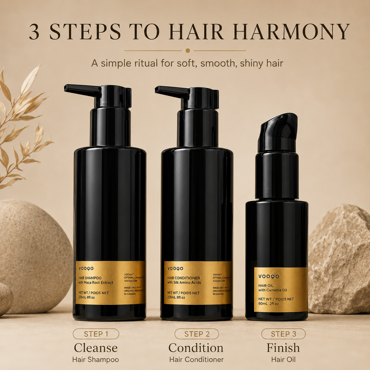 Vooqo Hair Harmony Ritual 3 step routine guide showing Step 1 Cleanse with Hair Shampoo, Step 2 Condition with Hair Conditioner, and Step 3 Finish with Hair Oil.