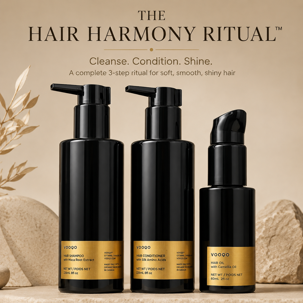 Vooqo The Hair Harmony Ritual main image featuring Hair Shampoo with Maca Root Extract, Hair Conditioner with Silk Amino Acids, and Hair Oil with Camellia Oil on a warm neutral background.