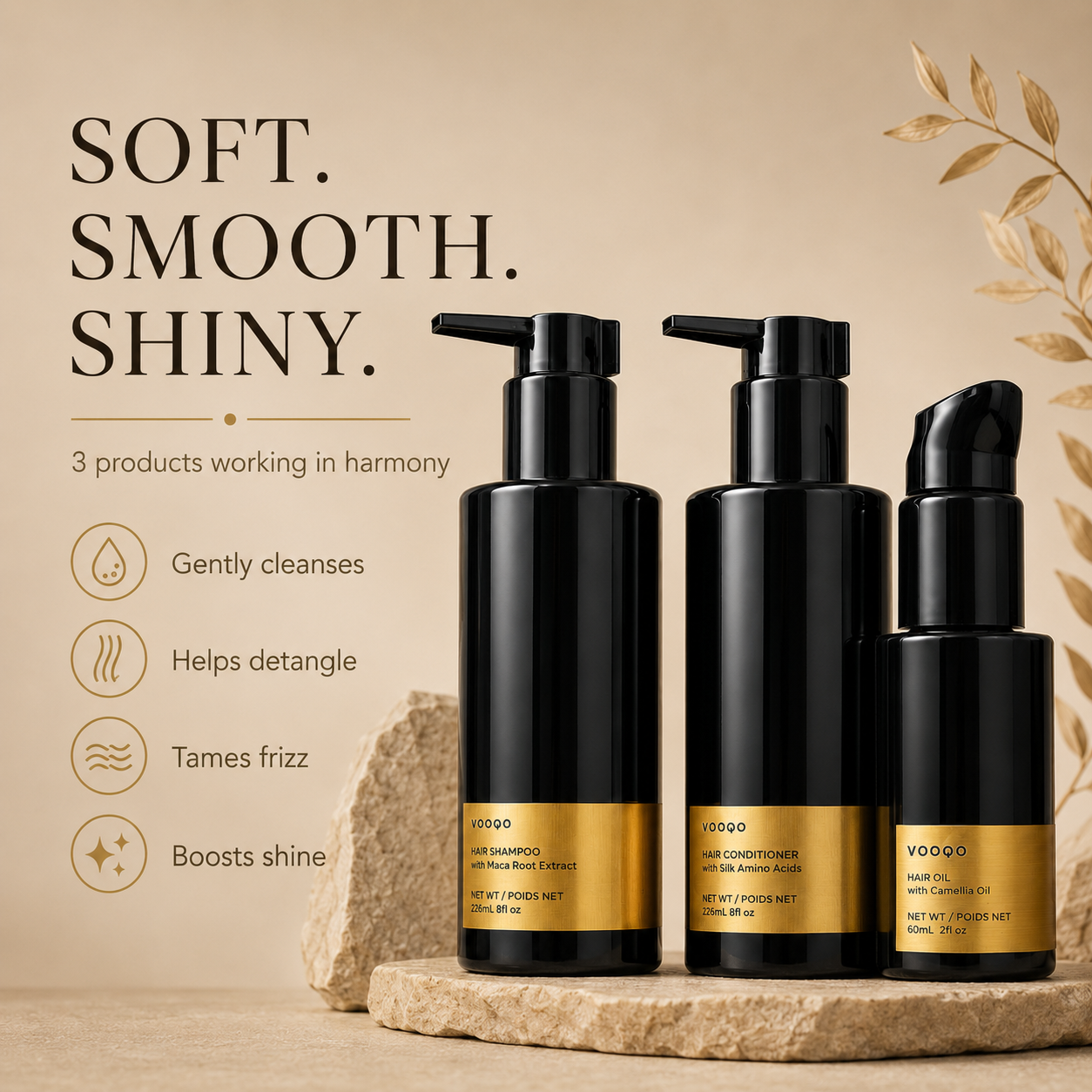 Vooqo Hair Harmony Ritual benefits image showing soft smooth shiny results with gentle cleansing, detangling, frizz control, and shine support.