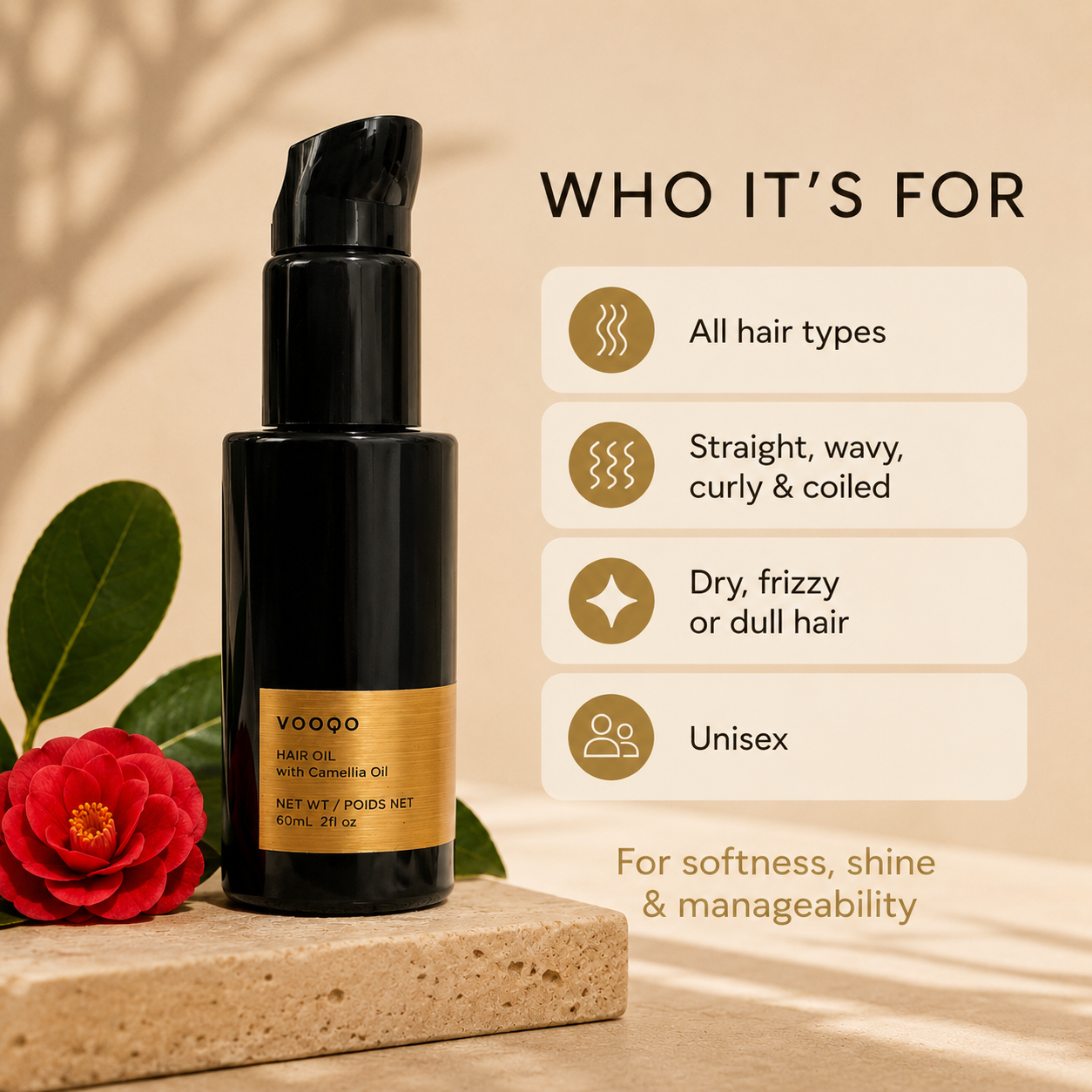 Vooqo Hair Oil with Camellia Oil ingredient benefit image showing the product with camellia flower and benefits for moisture, softness, frizz, and manageability.