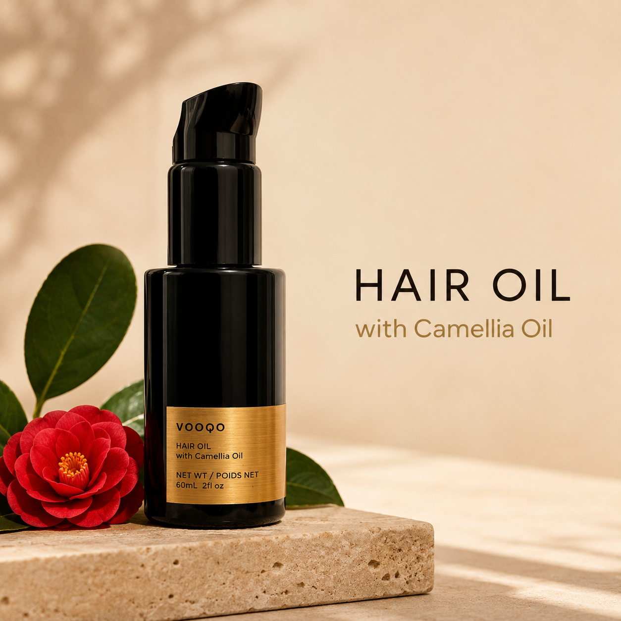 Vooqo Hair Oil with Camellia Oil main product image with black pump bottle, gold label, camellia flower, and warm neutral background.