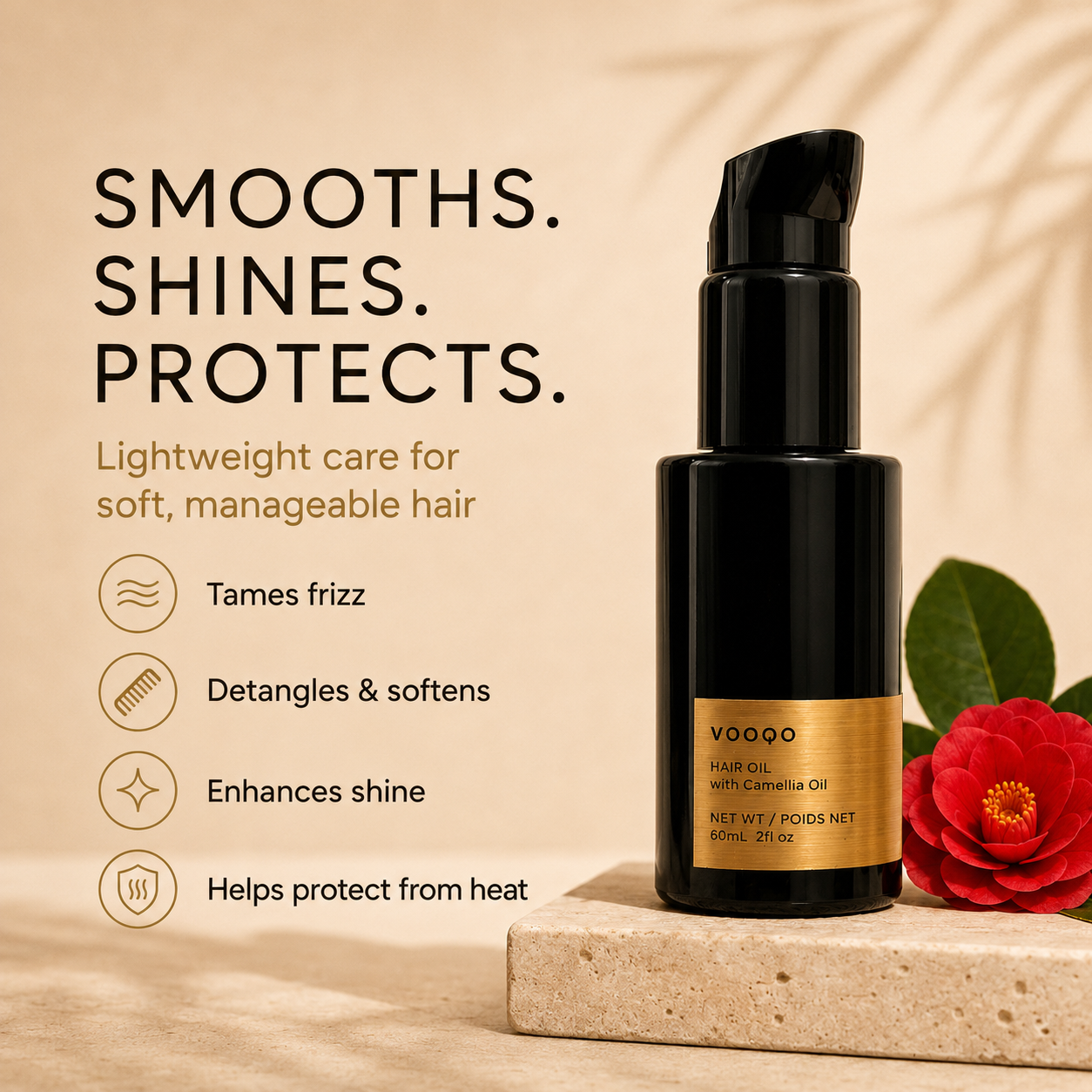 Vooqo Hair Oil lightweight oil texture image showing silky nourishment for damp or dry hair with no heavy residue and instant shine.