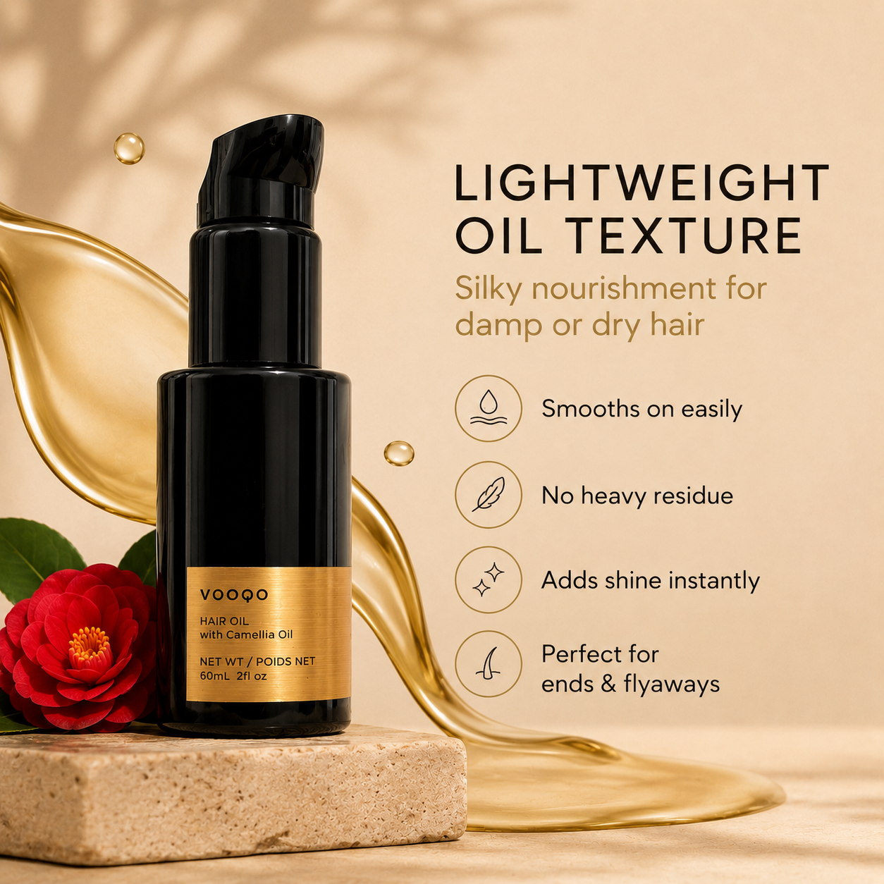 Vooqo Hair Oil image explaining lightweight nourishment without heaviness for smooth flyaways, soft touchable hair, and a silky non-greasy finish.