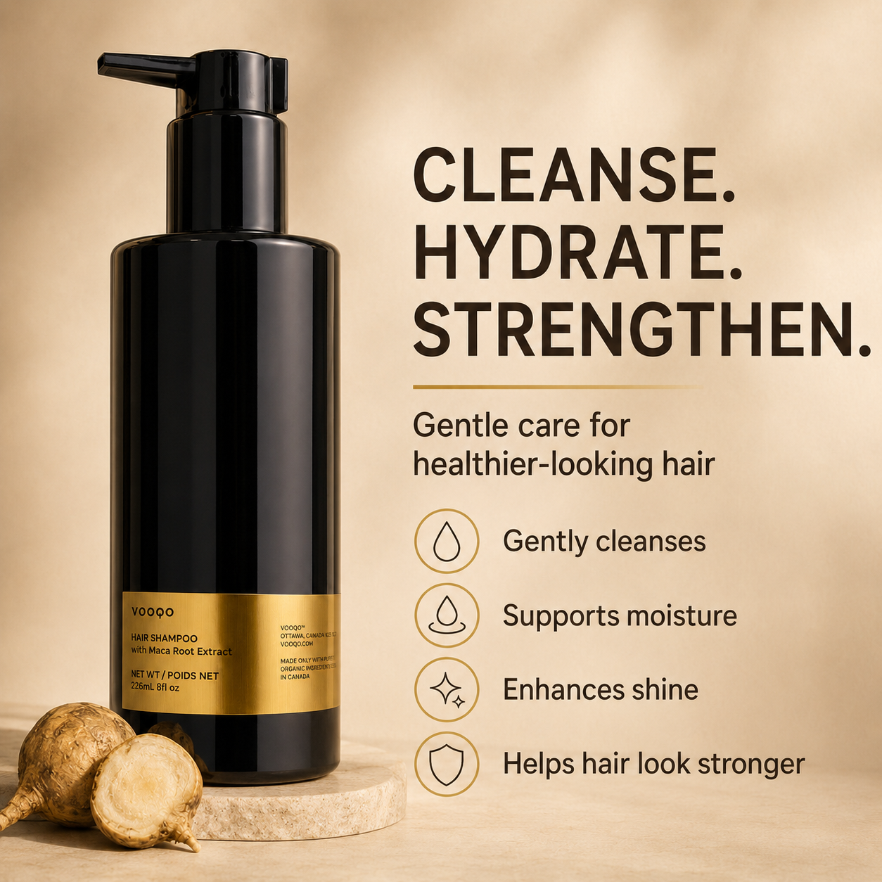 Vooqo Hair Shampoo benefits image showing cleanse, hydrate, and strengthen benefits with gentle cleansing, moisture support, shine, and stronger-looking hair.