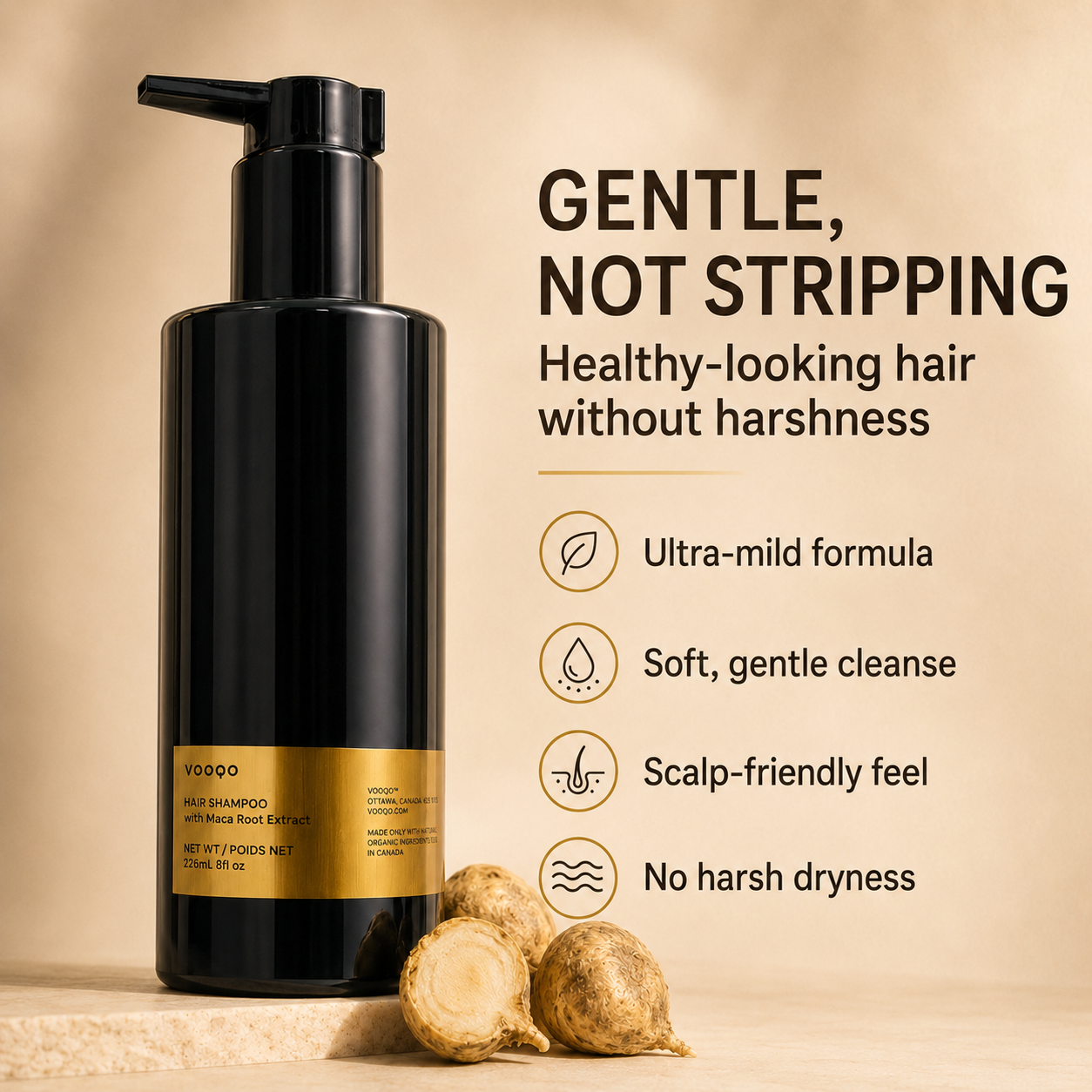 Vooqo Hair Shampoo gentle not stripping image showing ultra-mild formula, soft gentle cleanse, scalp-friendly feel, and no harsh dryness.