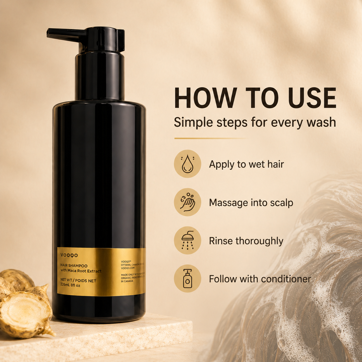 Vooqo Hair Shampoo how to use image showing apply to wet hair, massage into scalp, rinse thoroughly, and follow with conditioner.