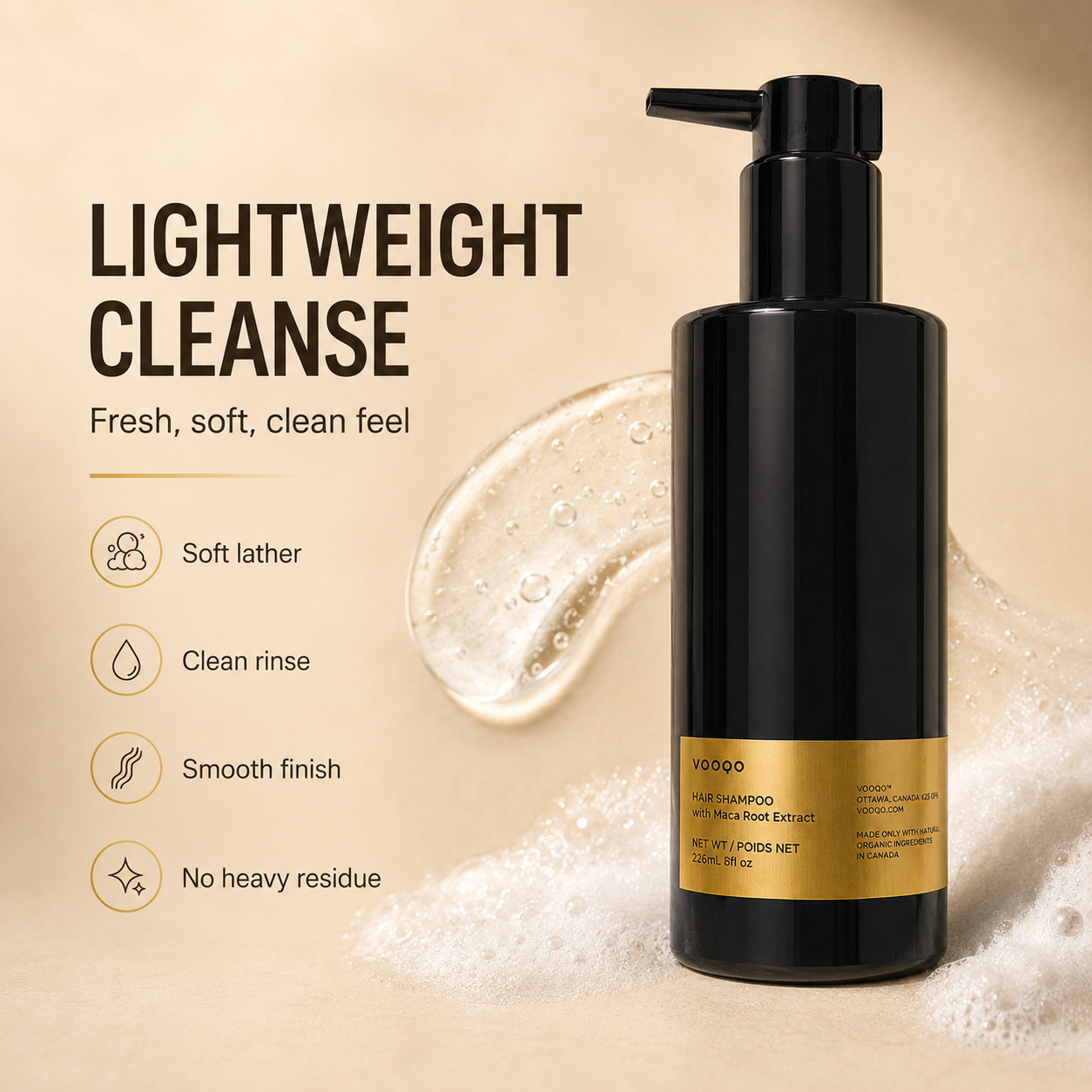 Vooqo Hair Shampoo lightweight cleanse texture image showing soft lather, clean rinse, smooth finish, and no heavy residue.