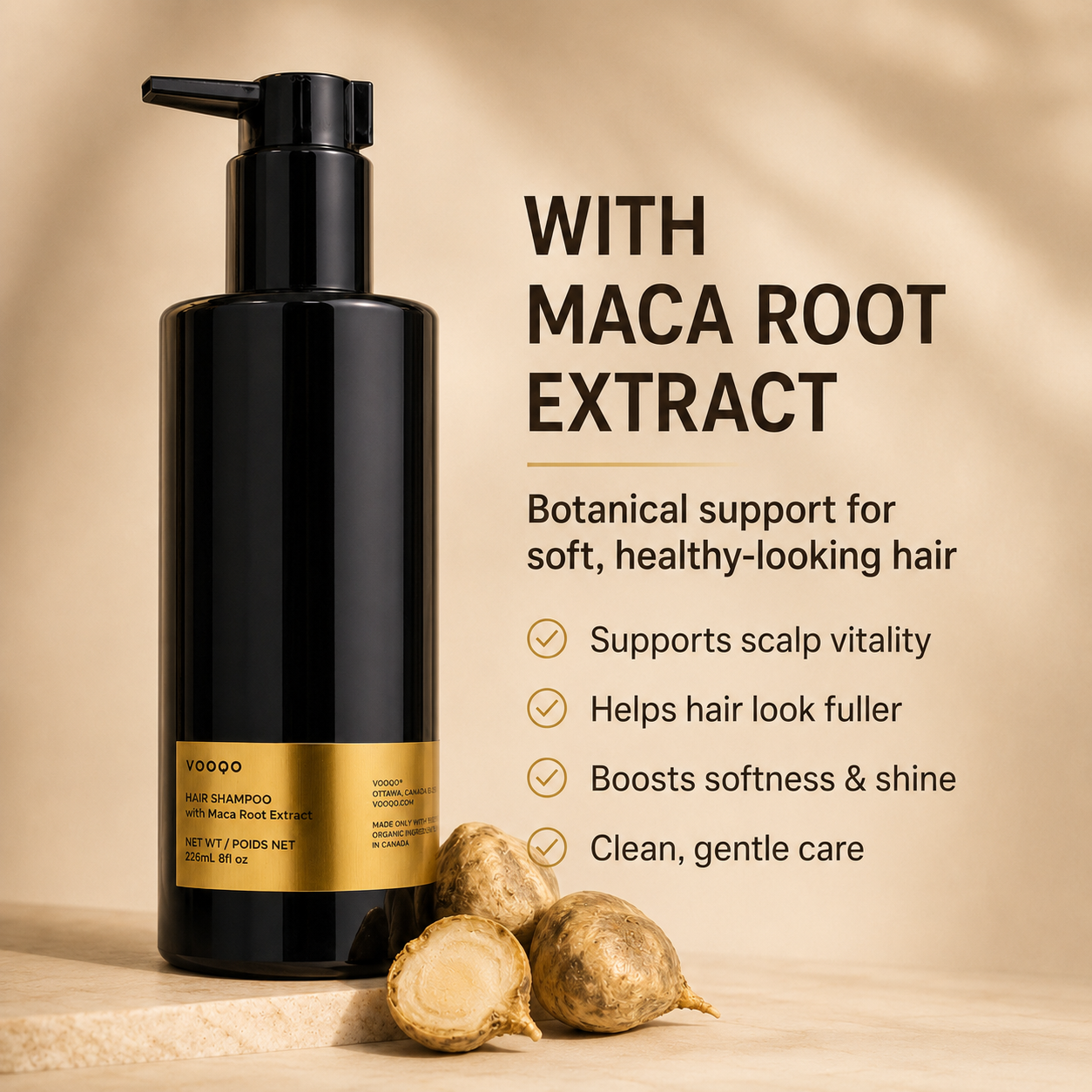 Vooqo Hair Shampoo with Maca Root Extract ingredient benefit image showing botanical support for scalp vitality, fuller-looking hair, softness, shine, and gentle care.