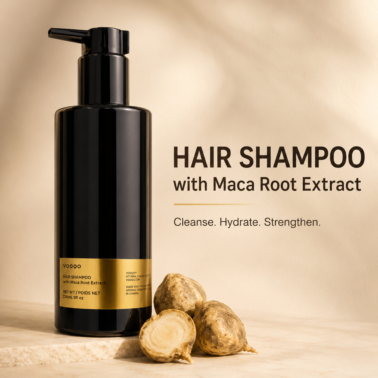 Vooqo Hair Shampoo with Maca Root Extract main product image with black pump bottle, gold label, and maca root on a warm neutral background.