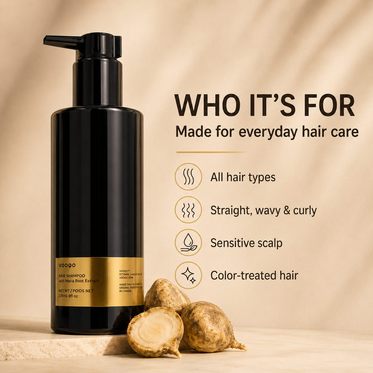 Vooqo Hair Shampoo who it is for image showing suitability for all hair types, straight wavy and curly hair, sensitive scalp, and color-treated hair.