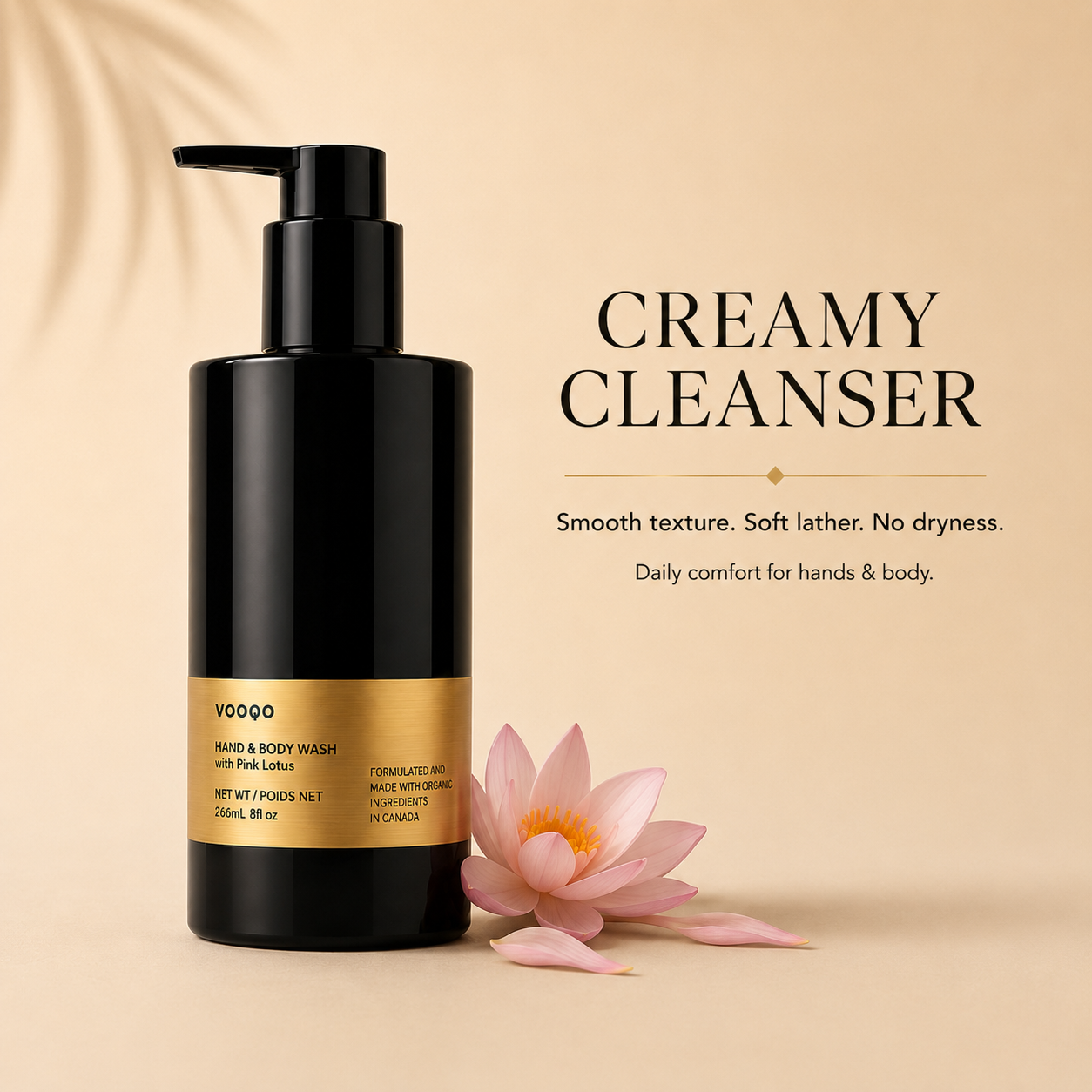 Vooqo Hand & Body Wash with Pink Lotus objection-handling image showing creamy cleanser benefits with smooth texture, soft lather, no dryness, and daily comfort for hands and body.