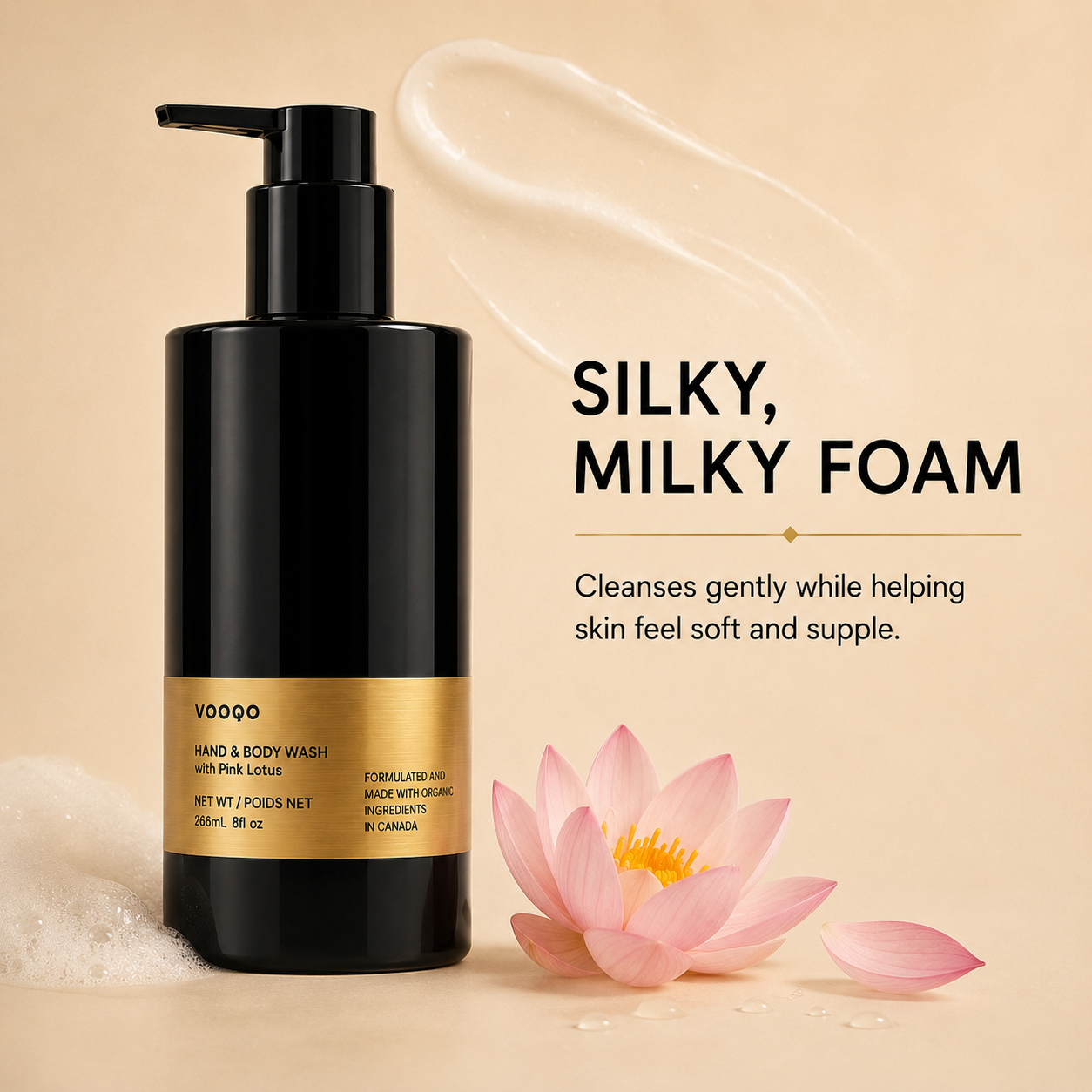Vooqo Hand & Body Wash with Pink Lotus texture image showing silky milky foam, soft lather, gentle cleansing, and soft supple skin feel.