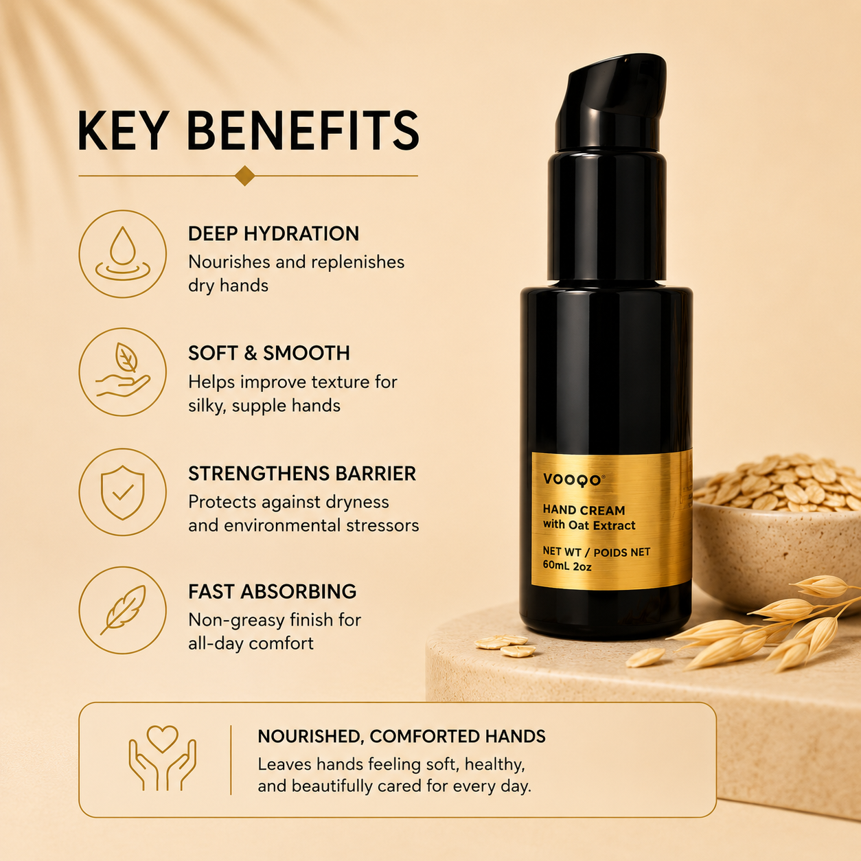 Vooqo Hand Cream with Oat Extract benefits for hydration softness and skin barrier support