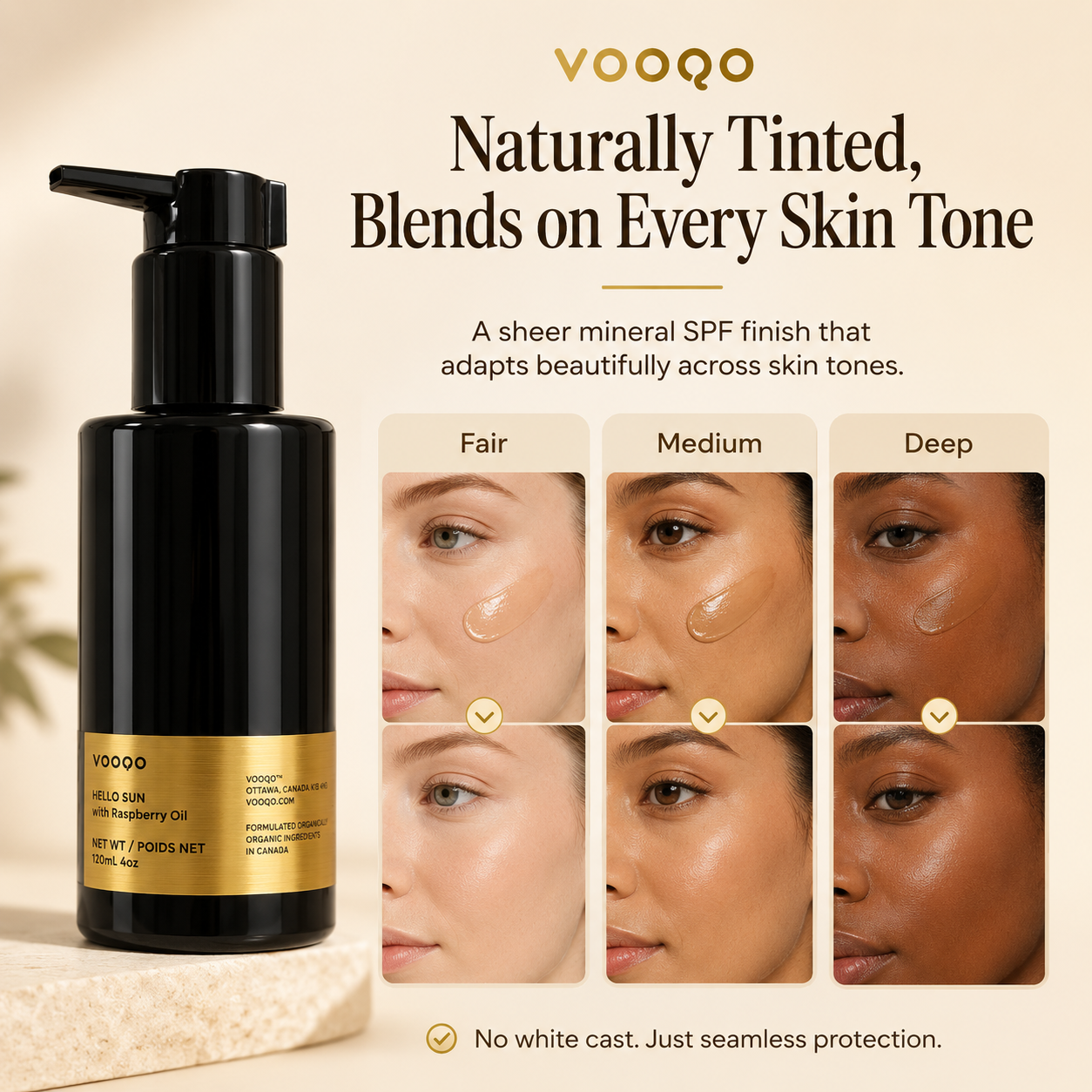 Vooqo sunscreen bottle with application on skin tones and product details.