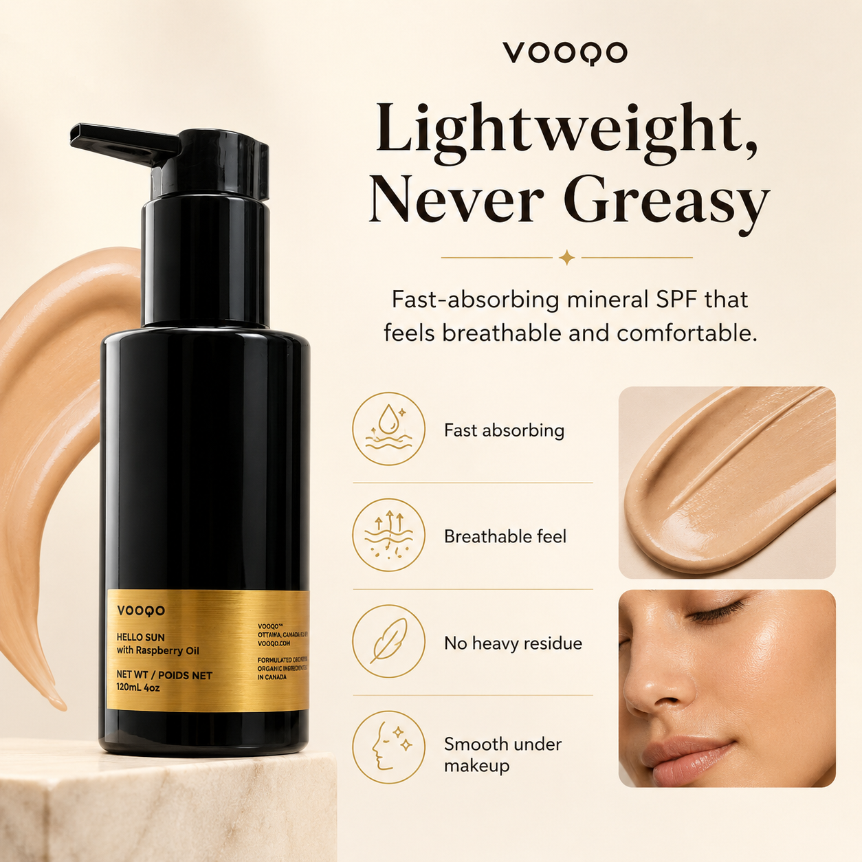 Vooqo sunscreen bottle with pump on a beige background, featuring text about product features.