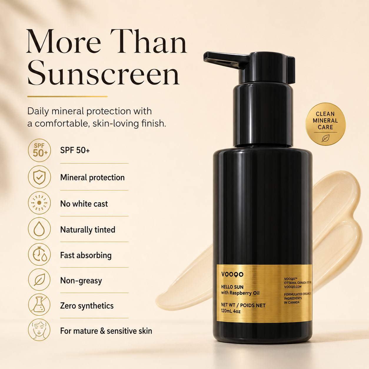 Black skincare bottle with gold label on a beige background, featuring text about product benefits.