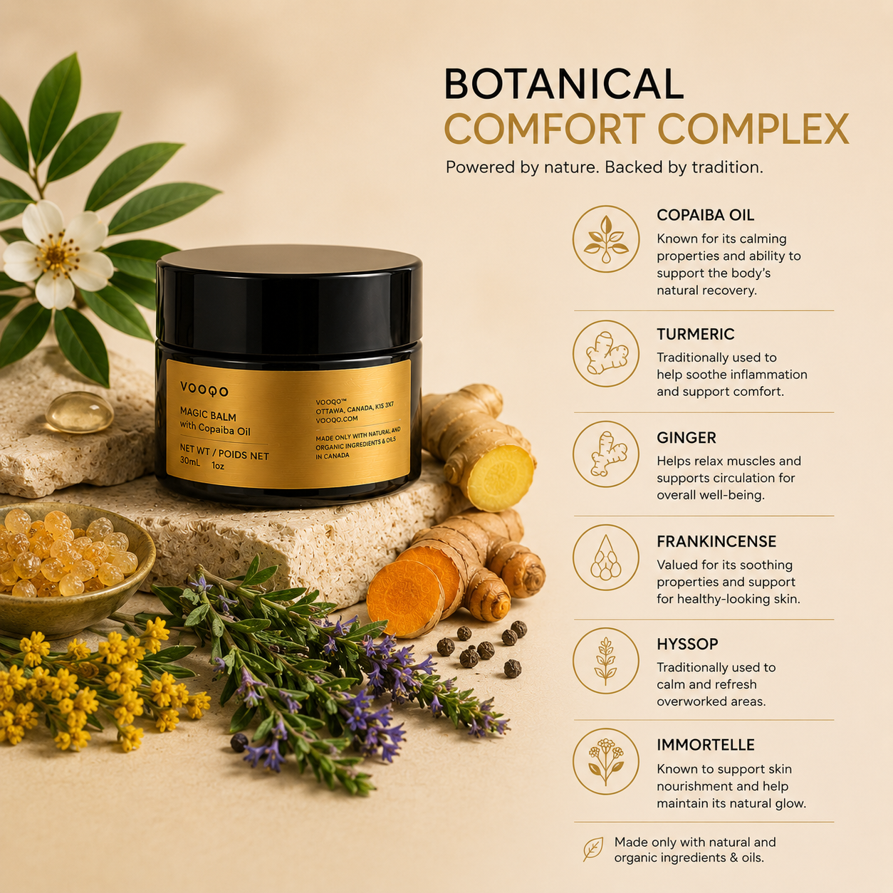 Vooqo Magic Balm with Copaiba Oil featuring copaiba, turmeric, ginger, frankincense, hyssop and immortelle botanical ingredients.