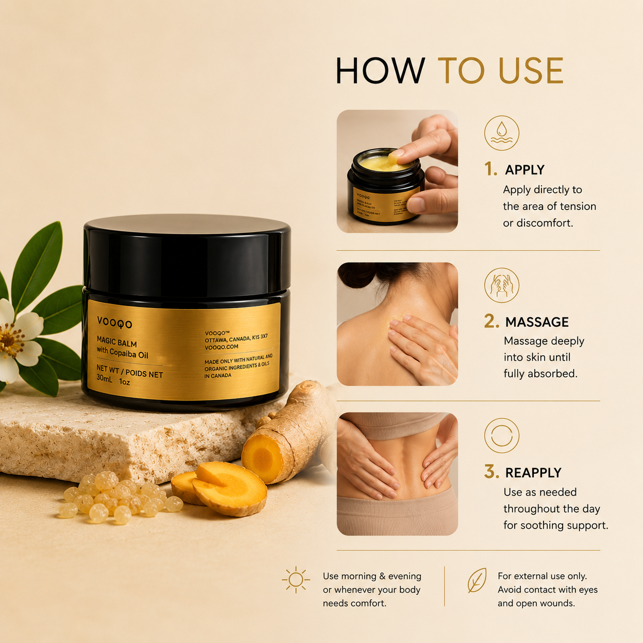 How to apply Vooqo Magic Balm with Copaiba Oil to muscles, joints and areas of physical discomfort.