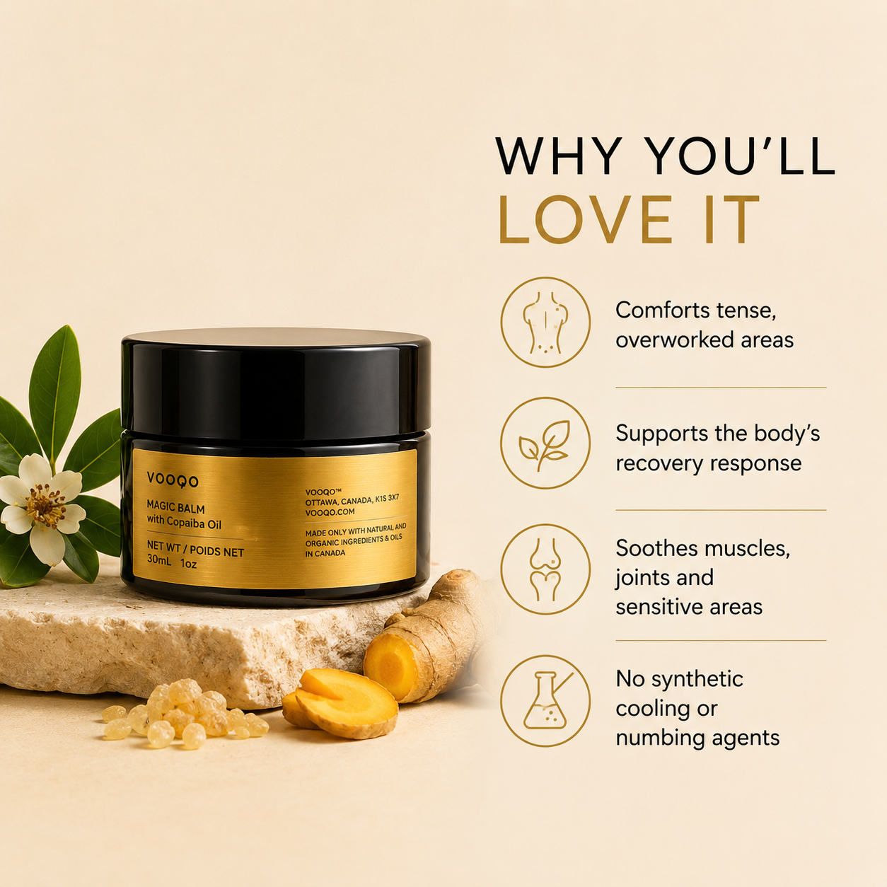 Vooqo Magic Balm with Copaiba Oil highlighting botanical comfort, muscle support and soothing benefits.