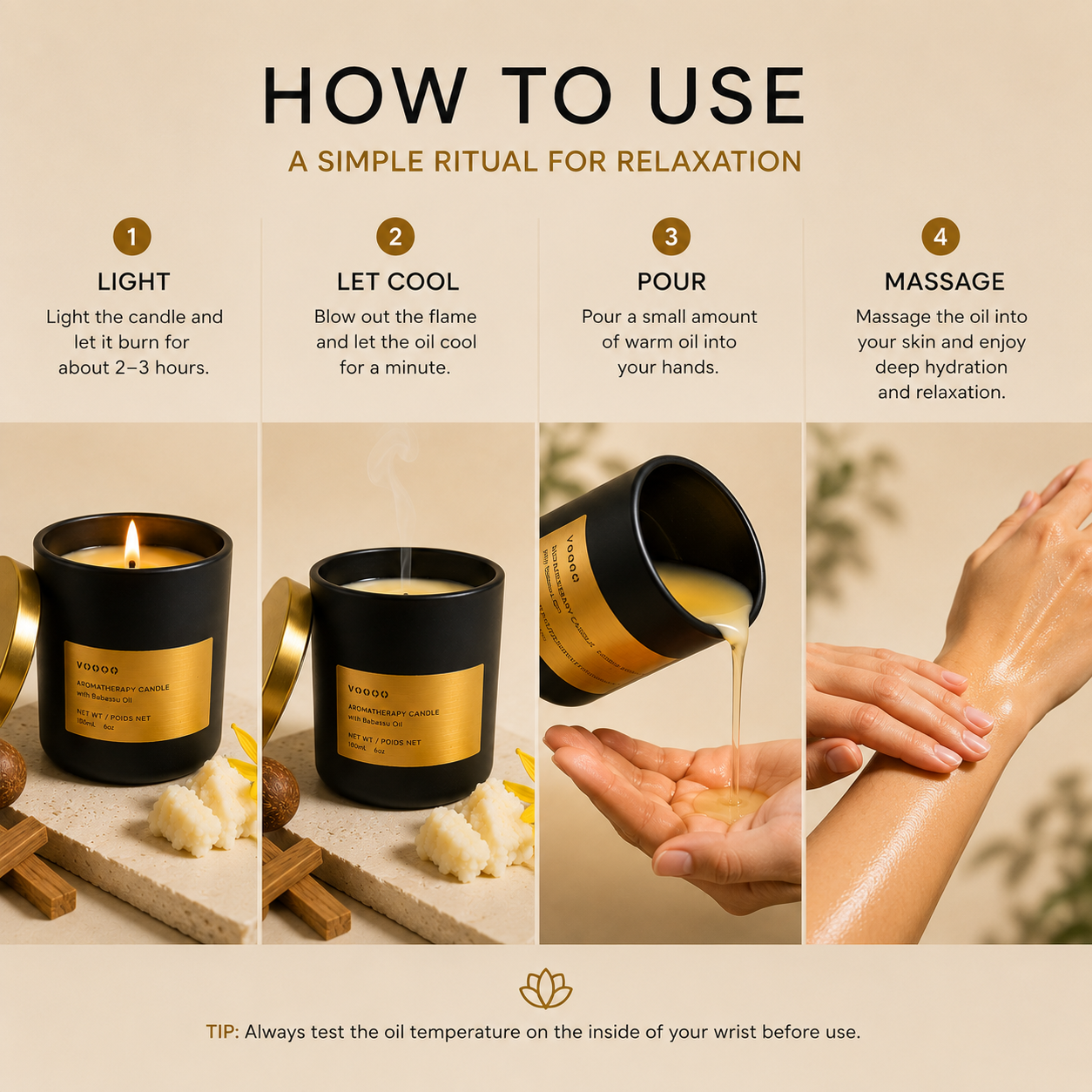 How to use Vooqo Massage Oil Candle by lighting, cooling, pouring the warm oil and massaging it into the skin.