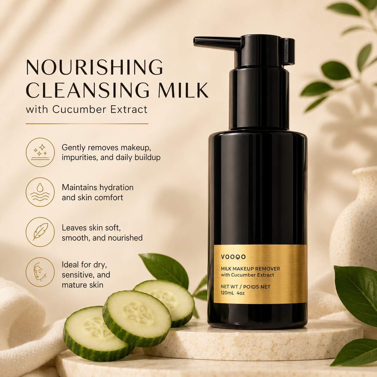 Vooqo Milk Makeup Remover with Cucumber Extract benefits image highlighting gentle makeup removal, hydration, skin comfort, and soft nourished skin.
