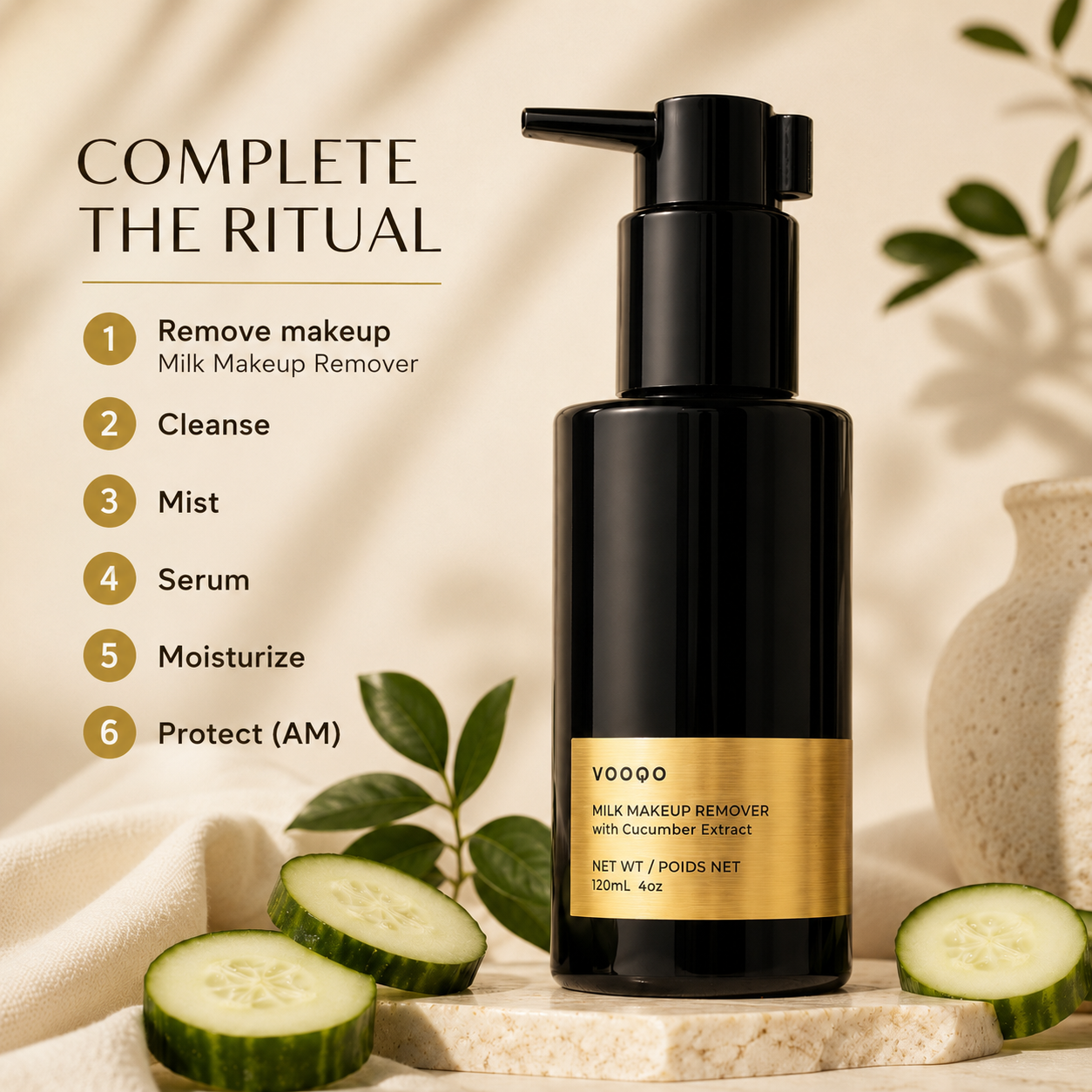 Complete the ritual image for Vooqo Milk Makeup Remover with Cucumber Extract with text-only skincare routine recommendations.