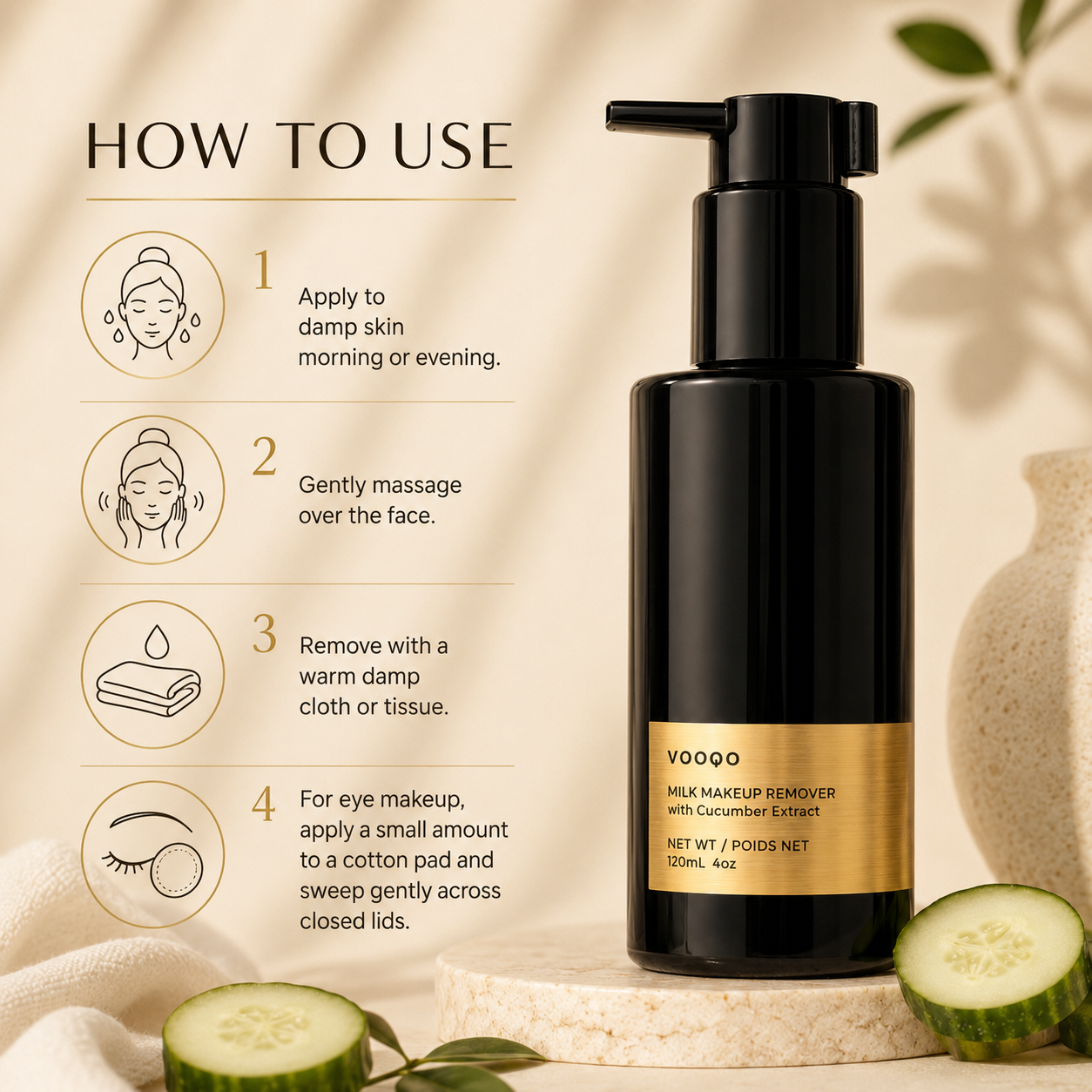 How to use Vooqo Milk Makeup Remover with Cucumber Extract on damp skin or with a cotton pad for gentle eye makeup removal.