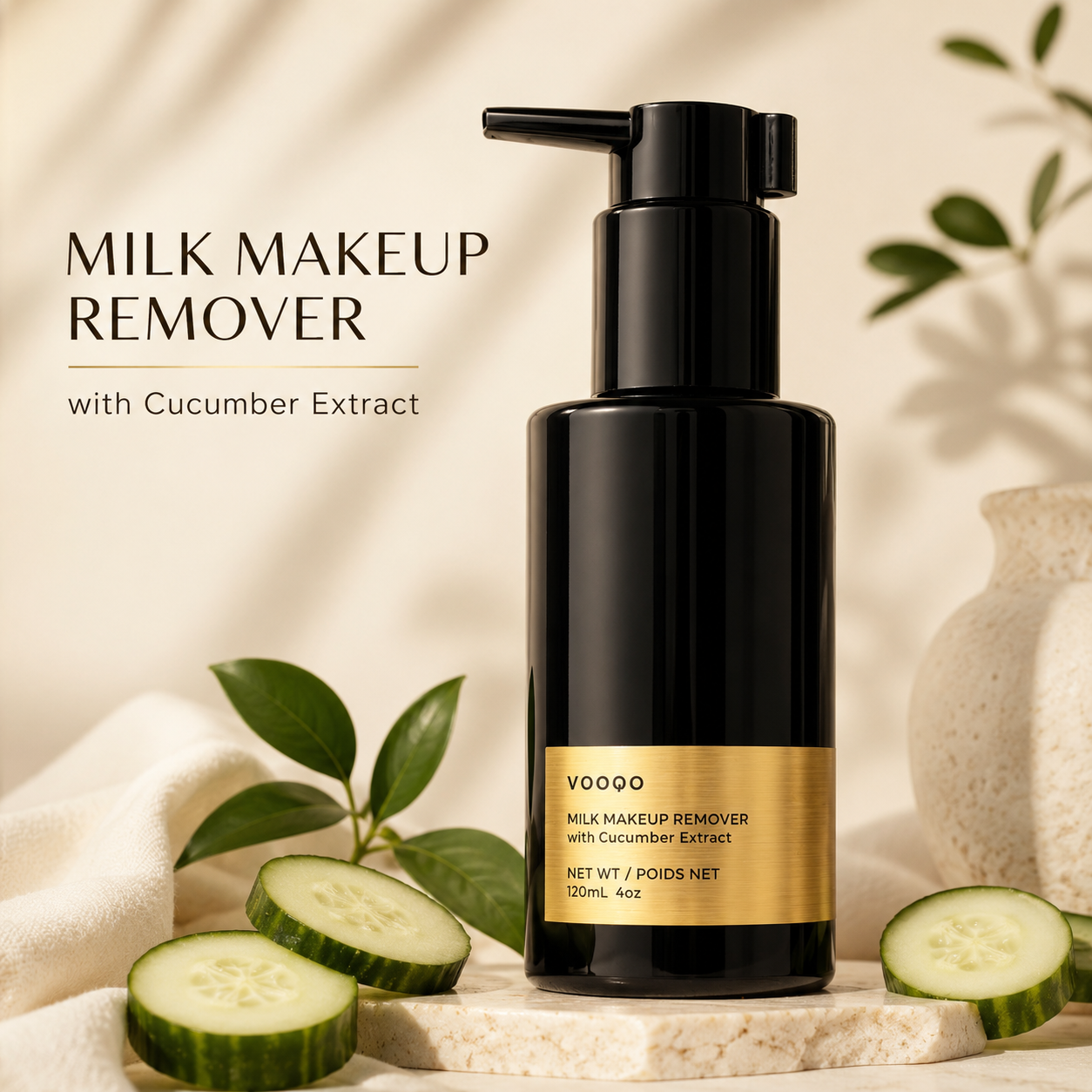 Vooqo Milk Makeup Remover with Cucumber Extract main product image in a black pump bottle with gold label on a warm neutral background.