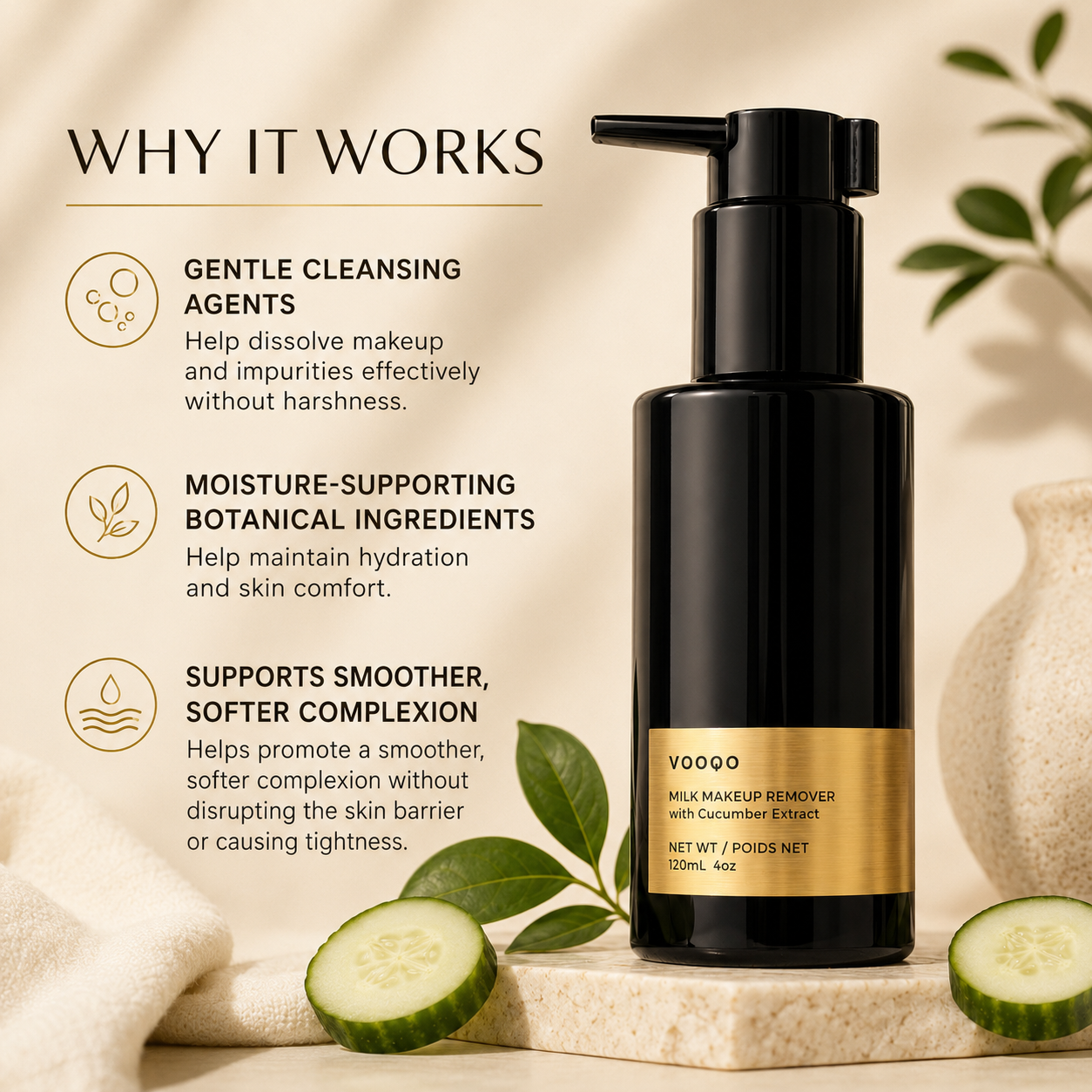 Why it works image for Vooqo Milk Makeup Remover with Cucumber Extract explaining gentle cleansing agents and moisture-supporting botanical ingredients.