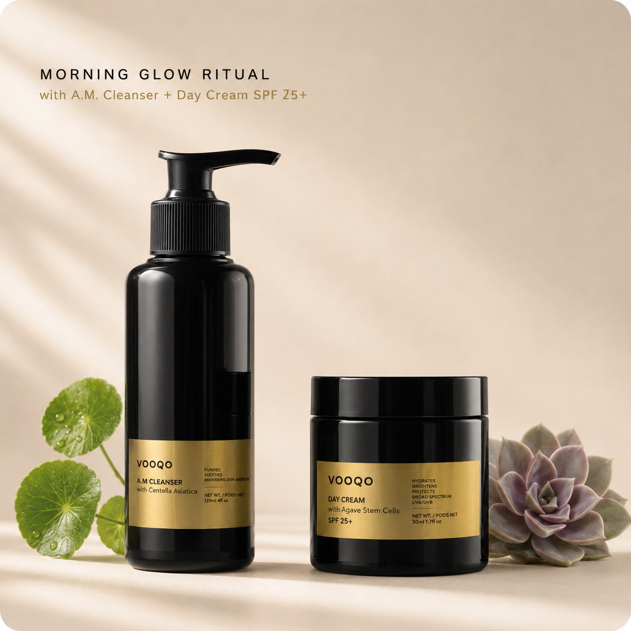 Vooqo Morning Glow Ritual with A.M. Cleanser and Day Cream SPF 25+ on a warm neutral background.