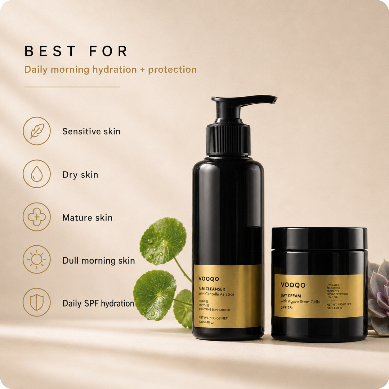 Best for image for Vooqo Morning Glow Ritual highlighting sensitive skin, dry skin, mature skin, dull morning skin, and daily SPF hydration.